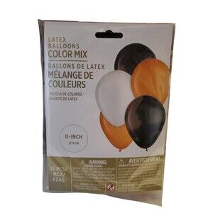NEW package of 15 Latex balloons BLACK, WHITE, & ORANGE assortment 11"
